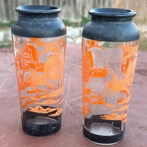 Set of 2 Vintage Bartlett Collins clear glass vase with orange ducks